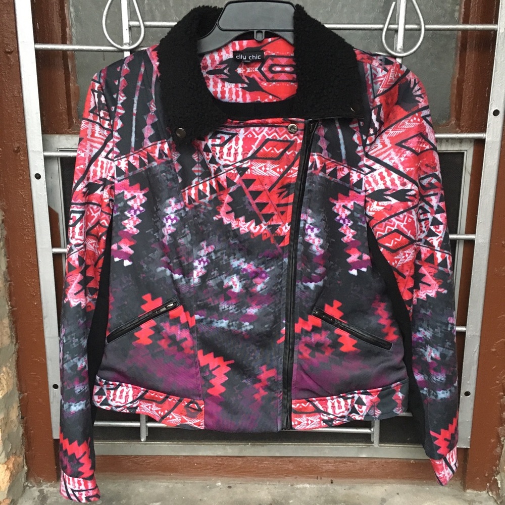 City Chic statement jacket red purple print sherpa